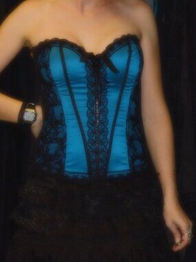 Shirley of Hollywood blue/black zipper-front goth corset bustier burlesque top